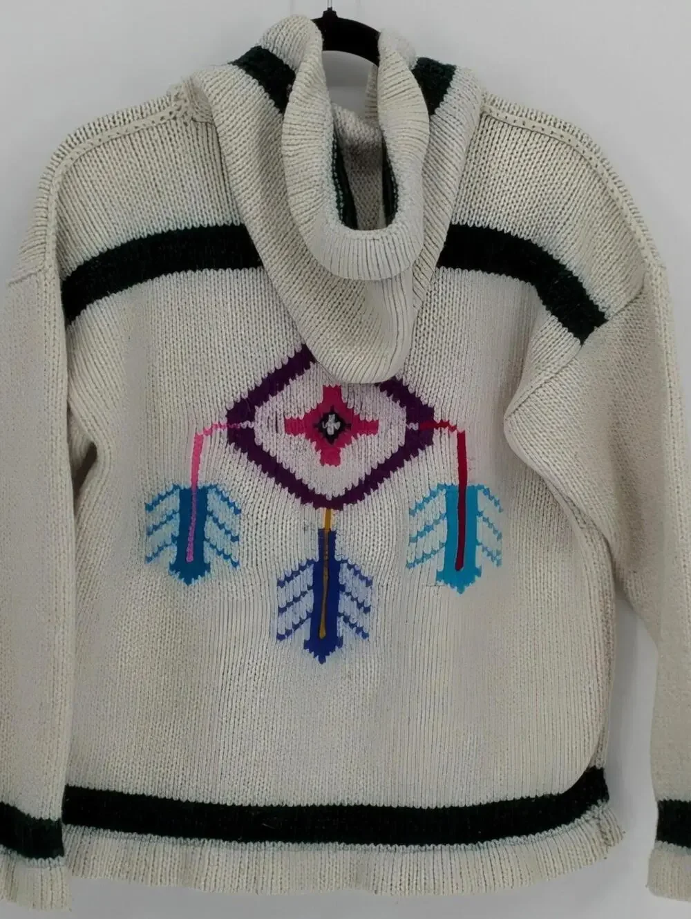 Vintage Medium Hand Knit Baja Pullover Cream Tribal Hoodie Kangaroo Pocket Knit